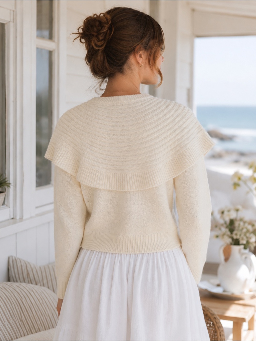 Jessica Simpson Cream Cape Collar Tie Front Knit Cardigan |M|NWT Coastal Grandma - Picture 2 of 6